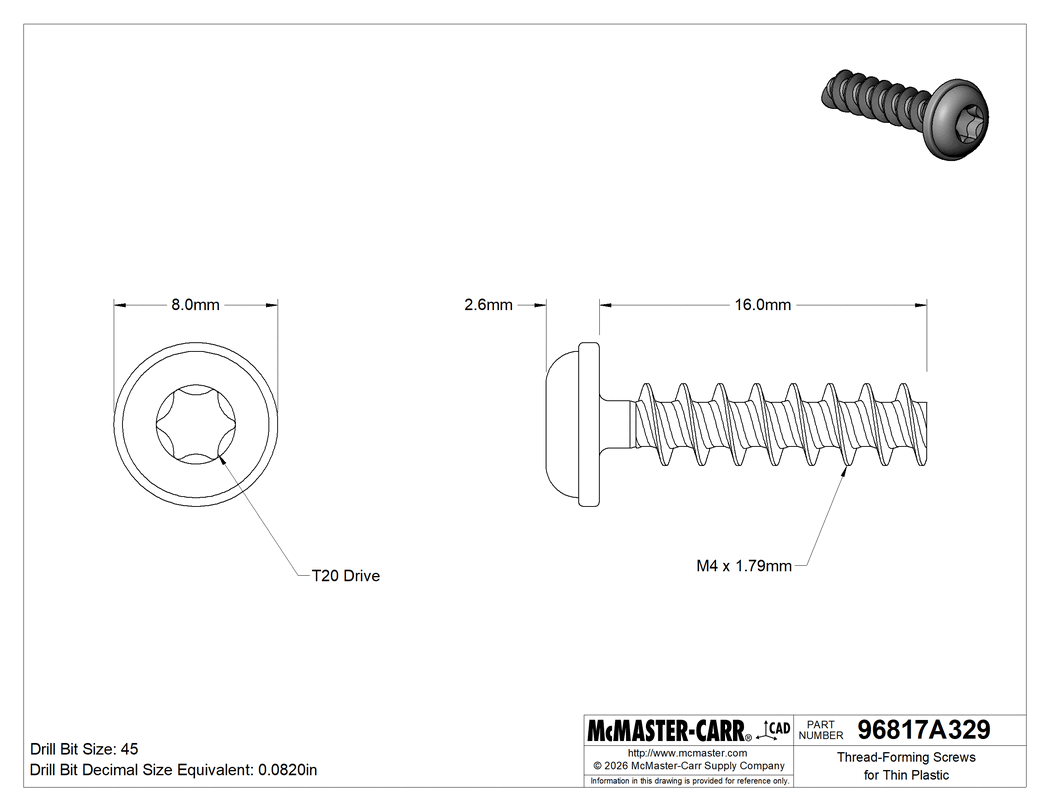 Technical Drawing of Thread-Forming Screws for Thin Plastic, M4 Screw Size, 16 mm Long, 8 mm Flange Diameter, T20 Torx.